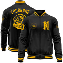 Load image into Gallery viewer, Custom Black Gold Bomber Varsity Letterman Zipper Jacket
