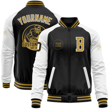 Load image into Gallery viewer, Custom Black Old Gold-White Bomber Varsity Letterman Two Tone Zipper Jacket
