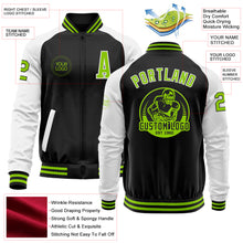 Load image into Gallery viewer, Custom Black Neon Green-White Bomber Varsity Letterman Two Tone Zipper Jacket
