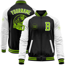 Load image into Gallery viewer, Custom Black Neon Green-White Bomber Varsity Letterman Two Tone Zipper Jacket
