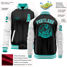Load image into Gallery viewer, Custom Black Aqua-White Bomber Varsity Letterman Two Tone Zipper Jacket
