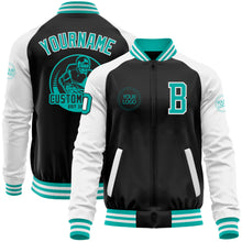 Load image into Gallery viewer, Custom Black Aqua-White Bomber Varsity Letterman Two Tone Zipper Jacket
