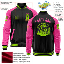 Load image into Gallery viewer, Custom Black Neon Green-Pink Bomber Varsity Letterman Two Tone Zipper Jacket
