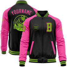 Load image into Gallery viewer, Custom Black Neon Green-Pink Bomber Varsity Letterman Two Tone Zipper Jacket
