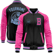 Load image into Gallery viewer, Custom Black Light Blue-Pink Bomber Varsity Letterman Two Tone Zipper Jacket
