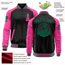 Load image into Gallery viewer, Custom Black Kelly Green-Pink Bomber Varsity Letterman Two Tone Zipper Jacket
