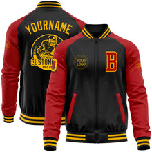 Load image into Gallery viewer, Custom Black Gold-Red Bomber Varsity Letterman Two Tone Zipper Jacket
