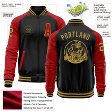 Load image into Gallery viewer, Custom Black Old Gold-Red Bomber Varsity Letterman Two Tone Zipper Jacket
