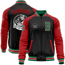 Load image into Gallery viewer, Custom Black Kelly Green-Red Bomber Varsity Letterman Two Tone Zipper Jacket
