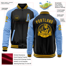 Load image into Gallery viewer, Custom Black Gold-Light Blue Bomber Varsity Letterman Two Tone Zipper Jacket
