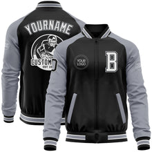 Load image into Gallery viewer, Custom Black Gray-White Bomber Varsity Letterman Two Tone Zipper Jacket

