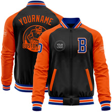 Load image into Gallery viewer, Custom Black Royal-Orange Bomber Varsity Letterman Two Tone Zipper Jacket
