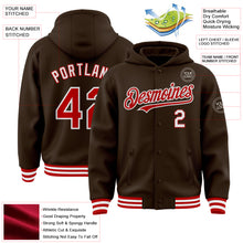 Load image into Gallery viewer, Custom Brown Red-White Bomber Full-Snap Varsity Letterman Hoodie Jacket
