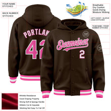 Load image into Gallery viewer, Custom Brown Pink-White Bomber Full-Snap Varsity Letterman Hoodie Jacket
