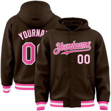 Load image into Gallery viewer, Custom Brown Pink-White Bomber Full-Snap Varsity Letterman Hoodie Jacket

