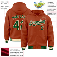 Load image into Gallery viewer, Custom Texas Orange Green-Cream Bomber Full-Snap Varsity Letterman Hoodie Jacket
