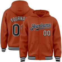 Load image into Gallery viewer, Custom Texas Orange Black-Gray Bomber Full-Snap Varsity Letterman Hoodie Jacket
