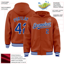 Load image into Gallery viewer, Custom Texas Orange Royal-White Bomber Full-Snap Varsity Letterman Hoodie Jacket
