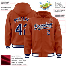 Load image into Gallery viewer, Custom Texas Orange Navy-White Bomber Full-Snap Varsity Letterman Hoodie Jacket
