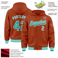 Load image into Gallery viewer, Custom Texas Orange Aqua-White Bomber Full-Snap Varsity Letterman Hoodie Jacket
