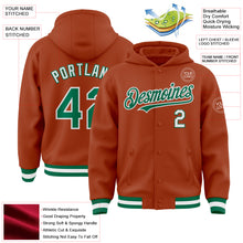 Load image into Gallery viewer, Custom Texas Orange Kelly Green-White Bomber Full-Snap Varsity Letterman Hoodie Jacket
