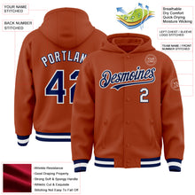 Load image into Gallery viewer, Custom Texas Orange Navy-White Bomber Full-Snap Varsity Letterman Hoodie Jacket
