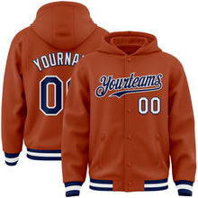 Load image into Gallery viewer, Custom Texas Orange Navy-White Bomber Full-Snap Varsity Letterman Hoodie Jacket
