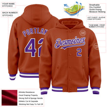 Load image into Gallery viewer, Custom Texas Orange Purple-White Bomber Full-Snap Varsity Letterman Hoodie Jacket
