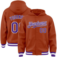 Load image into Gallery viewer, Custom Texas Orange Purple-White Bomber Full-Snap Varsity Letterman Hoodie Jacket
