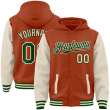 Load image into Gallery viewer, Custom Texas Orange Green-Cream Bomber Full-Snap Varsity Letterman Two Tone Hoodie Jacket
