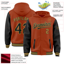 Load image into Gallery viewer, Custom Texas Orange Black-Old Gold Bomber Full-Snap Varsity Letterman Two Tone Hoodie Jacket
