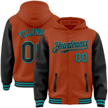 Load image into Gallery viewer, Custom Texas Orange Black-Teal Bomber Full-Snap Varsity Letterman Two Tone Hoodie Jacket
