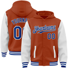 Load image into Gallery viewer, Custom Texas Orange Royal-White Bomber Full-Snap Varsity Letterman Two Tone Hoodie Jacket
