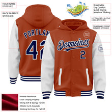 Load image into Gallery viewer, Custom Texas Orange Navy-White Bomber Full-Snap Varsity Letterman Two Tone Hoodie Jacket
