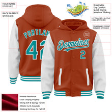 Load image into Gallery viewer, Custom Texas Orange Teal-White Bomber Full-Snap Varsity Letterman Two Tone Hoodie Jacket
