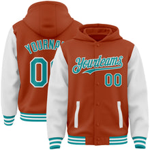 Load image into Gallery viewer, Custom Texas Orange Teal-White Bomber Full-Snap Varsity Letterman Two Tone Hoodie Jacket
