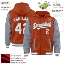 Load image into Gallery viewer, Custom Texas Orange White-Gray Bomber Full-Snap Varsity Letterman Two Tone Hoodie Jacket
