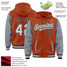 Load image into Gallery viewer, Custom Texas Orange Black-Gray Bomber Full-Snap Varsity Letterman Two Tone Hoodie Jacket
