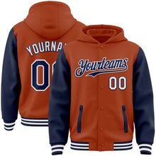 Load image into Gallery viewer, Custom Texas Orange Navy-White Bomber Full-Snap Varsity Letterman Two Tone Hoodie Jacket
