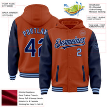 Load image into Gallery viewer, Custom Texas Orange Navy-Light Blue Bomber Full-Snap Varsity Letterman Two Tone Hoodie Jacket
