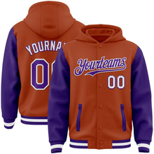 Load image into Gallery viewer, Custom Texas Orange Purple-White Bomber Full-Snap Varsity Letterman Two Tone Hoodie Jacket

