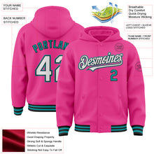 Load image into Gallery viewer, Custom Pink Black-Teal Bomber Full-Snap Varsity Letterman Hoodie Jacket
