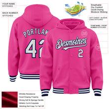Load image into Gallery viewer, Custom Pink White-Navy Bomber Full-Snap Varsity Letterman Hoodie Jacket
