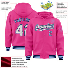 Load image into Gallery viewer, Custom Pink Navy-Light Blue Bomber Full-Snap Varsity Letterman Hoodie Jacket
