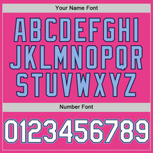 Load image into Gallery viewer, Custom Pink Navy-Light Blue Bomber Full-Snap Varsity Letterman Hoodie Jacket
