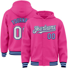 Load image into Gallery viewer, Custom Pink Navy-Light Blue Bomber Full-Snap Varsity Letterman Hoodie Jacket
