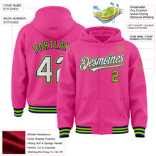 Load image into Gallery viewer, Custom Pink Navy-Neon Green Bomber Full-Snap Varsity Letterman Hoodie Jacket
