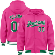 Load image into Gallery viewer, Custom Pink Kelly Green-White Bomber Full-Snap Varsity Letterman Hoodie Jacket
