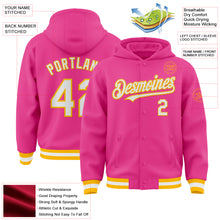 Load image into Gallery viewer, Custom Pink White-Gold Bomber Full-Snap Varsity Letterman Hoodie Jacket

