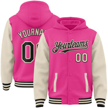 Load image into Gallery viewer, Custom Pink Black-Cream Bomber Full-Snap Varsity Letterman Two Tone Hoodie Jacket
